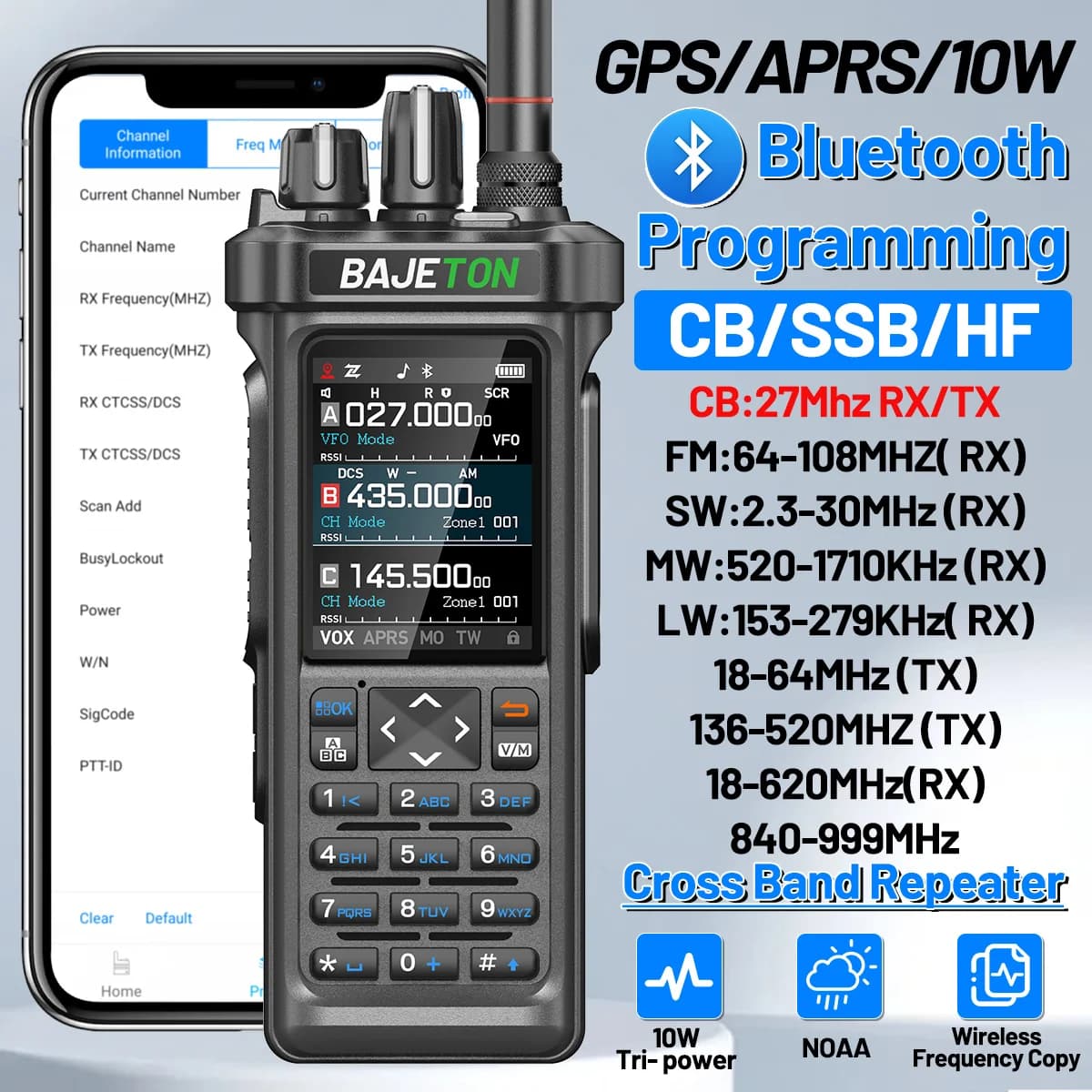 BAJETON BJ-9000 GPS APRS talkie-walkie 10W CB 27Mhz CB/SSB/HF programmation Bluetooth NOAA ondes courtes pour Radio RT-950PRO RT-950