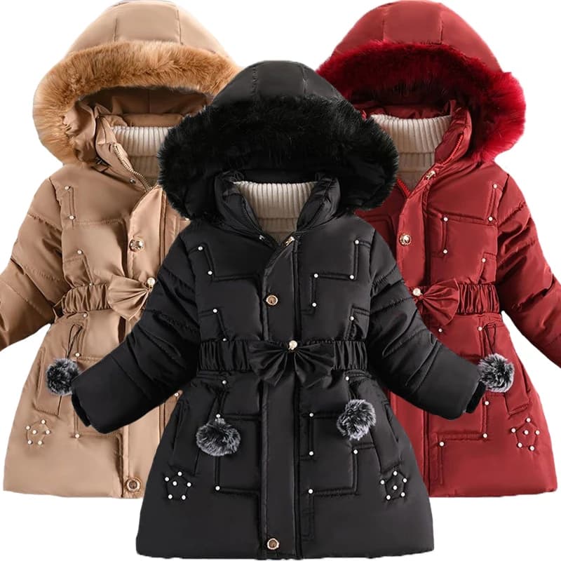 Veste d'hiver épaisse pour filles, chapeau détachable, col en peluche, doublure rembourrée à capuche, manteau pour enfants, cadeau d'anniversaire