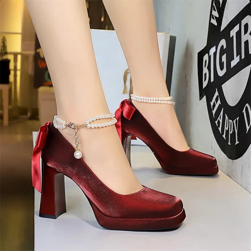 Chaussures coréennes à bout carré et épais, plateforme imperméable, talons hauts, perles, une bande, nœud arrière, chaussures simples en soie,