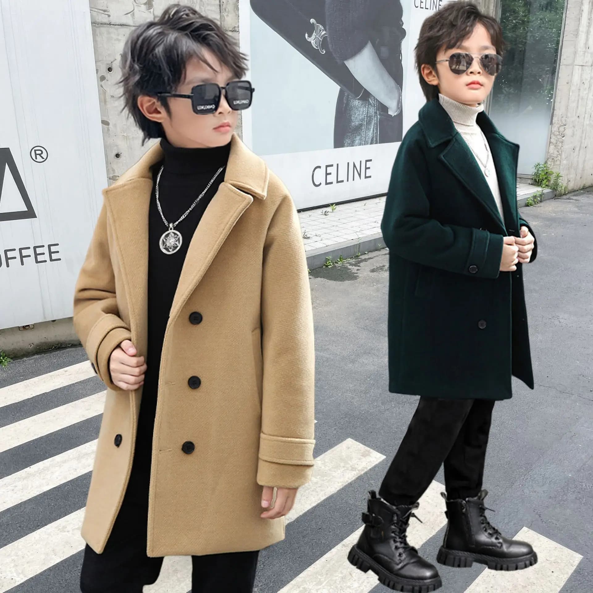 Manteau en laine vert ingent pour enfants, veste longue d'extérieur coupe-vent pour garçons et filles, manteau en laine pour enfants, fête