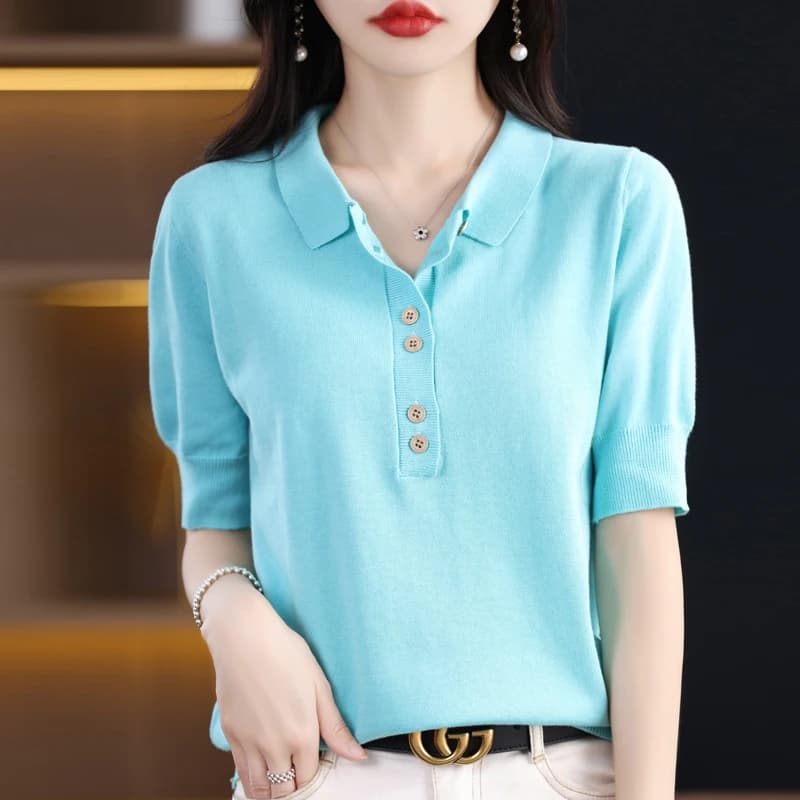Pull à manches courtes pour femmes, T-shirt d'été, 100% coton, Tricots décontractés, Col POLO, Pull pour dames, Économie à boutons, Y-adt