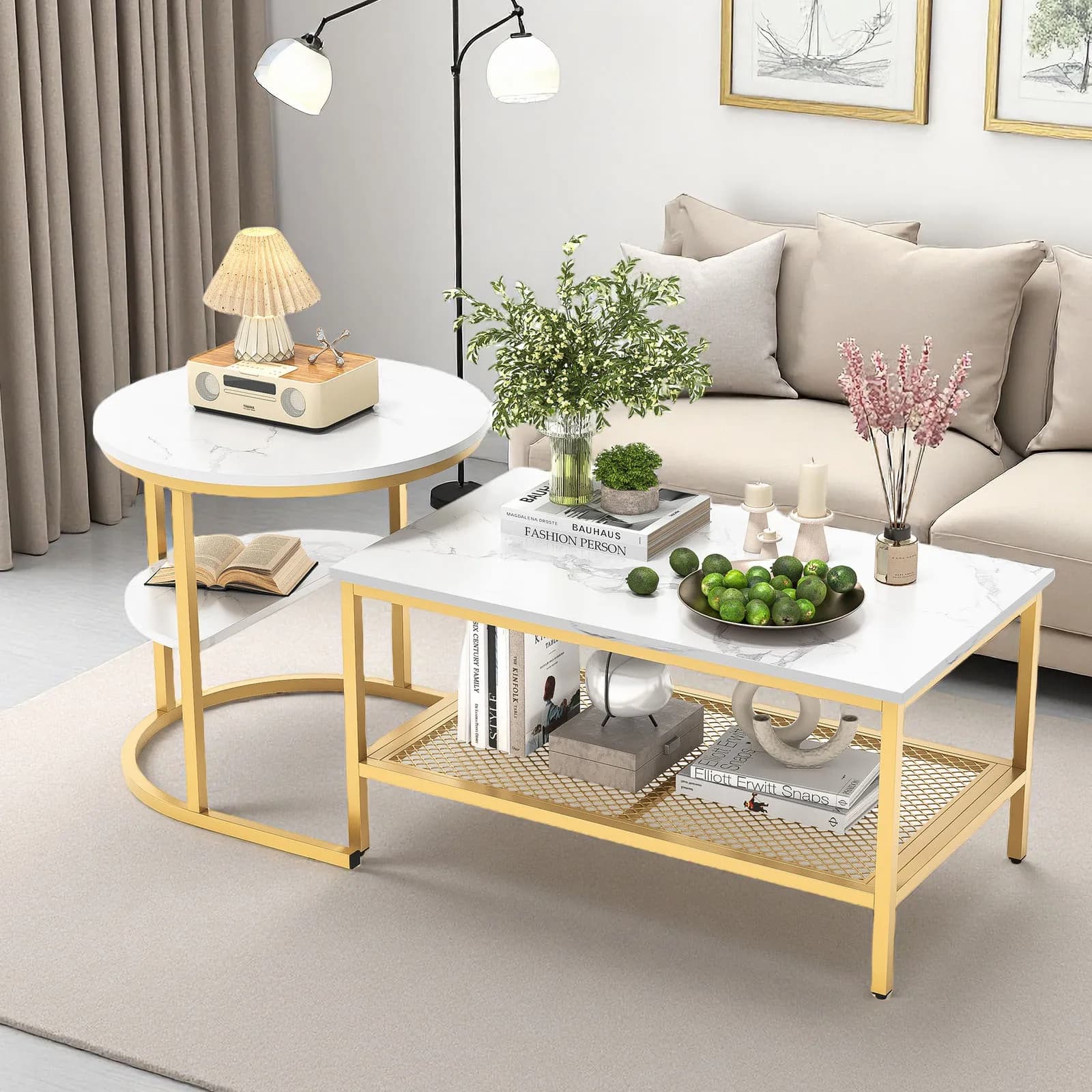 Ensemble de table basse Comanlai, table basse gigogne moderne avec espace de rangement et plateau effet marbre, tables d'appoint pour canapé, salon