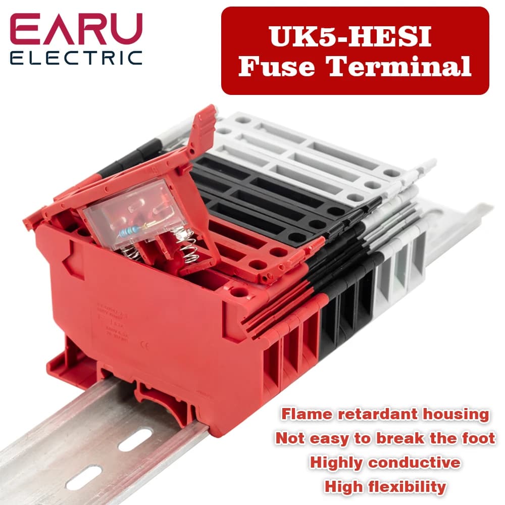 10 pièces/lot borniers sur Rail Din UK-5-HESI connecteur noir vis fusible bornier connecteur vis porte-fusible conducteur