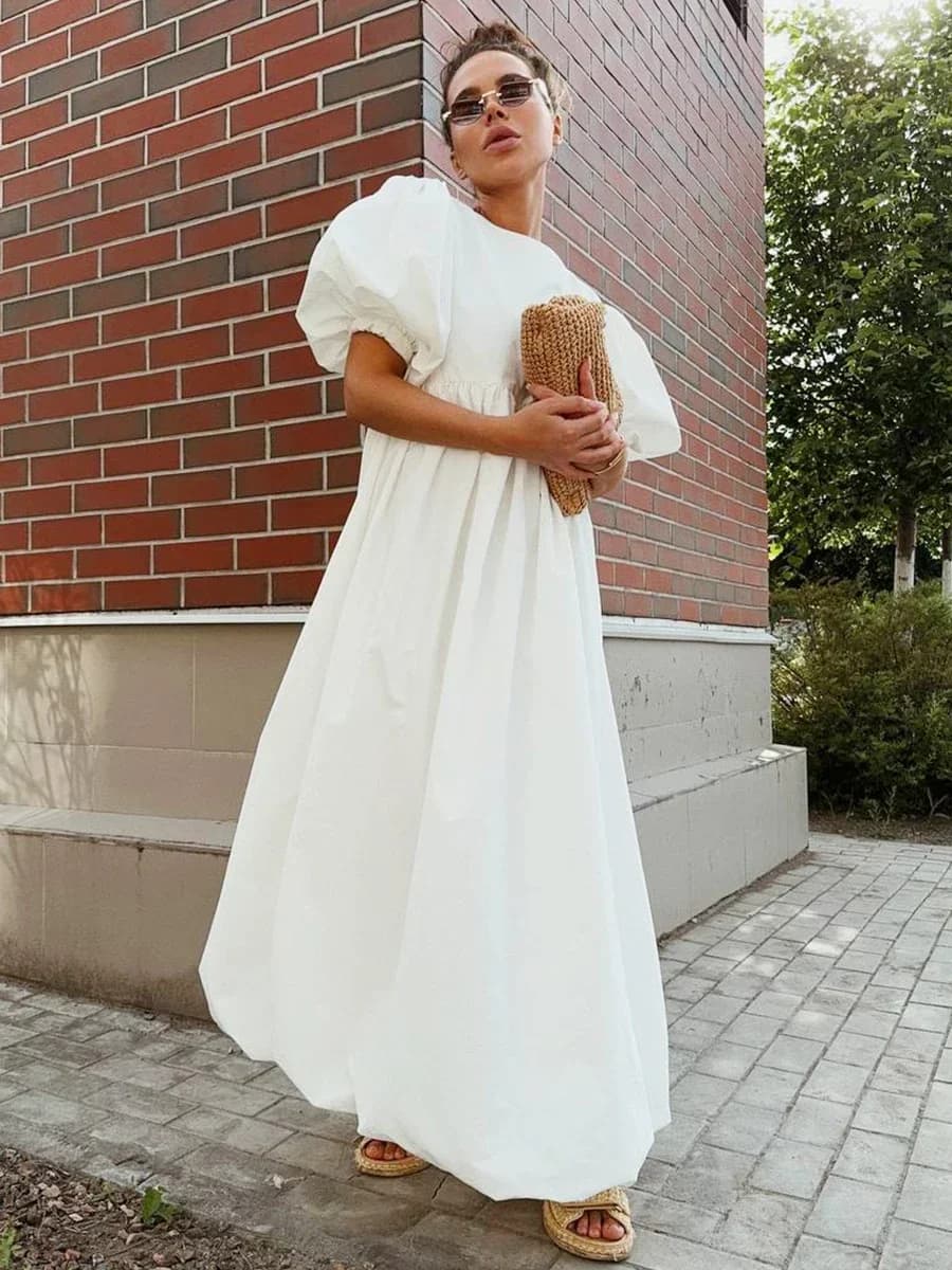 Wolfeel-Robe longue à manches bulles pour femme, 100% coton, col rond, chic, à la mode, été