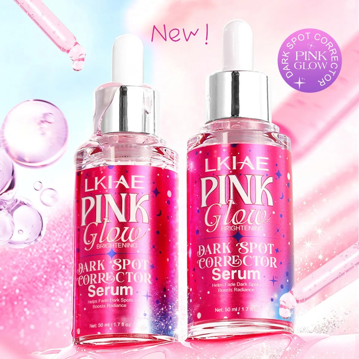 Sérum correcteur de taches brunes LKIAE Pink Glow, booste l'éclat, avec de la nicotinamide, du glutathion, réduit l'hyperpigmentation post-acné.