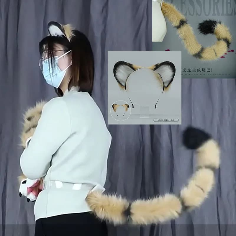 Oreilles de tigre cosplay simulation pliable en peluche queue de tigre bandeau oreilles de renard accessoires d'halloween coiffure tigre cosplay