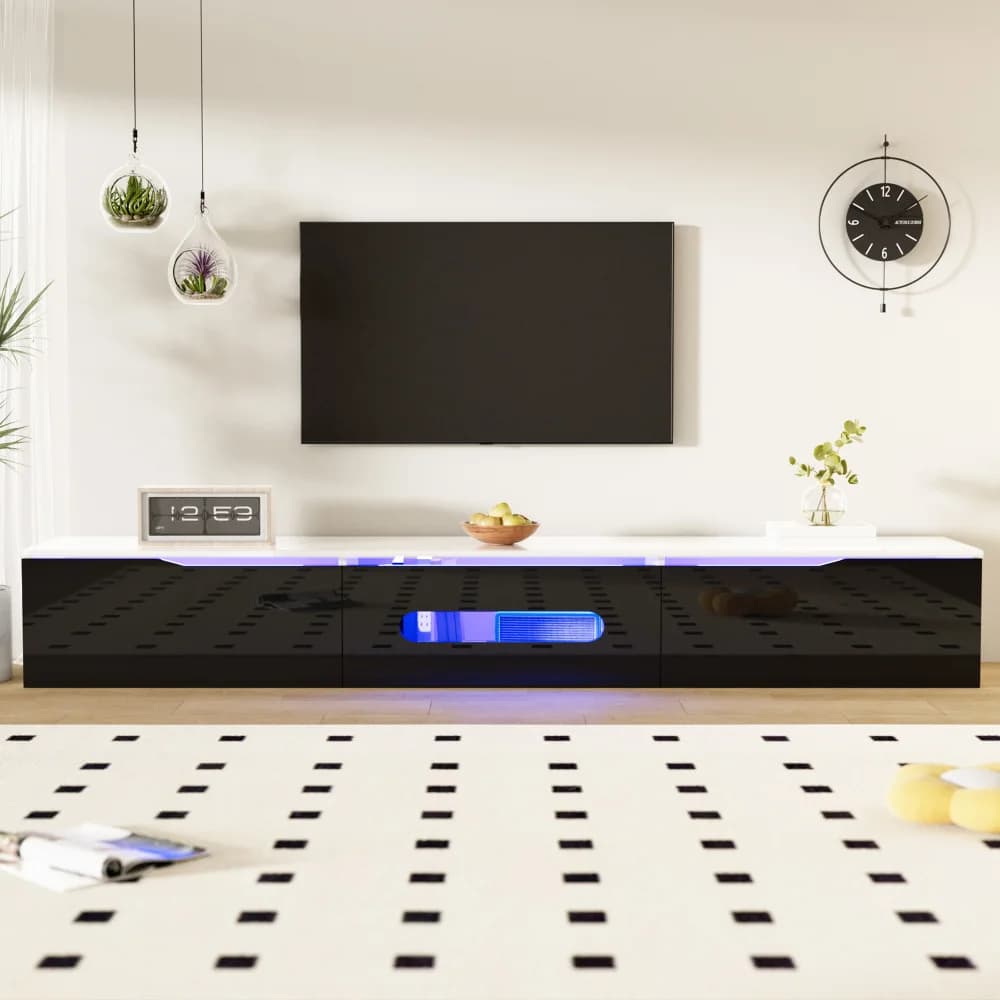 Meuble TV noir et blanc, 180 cm de long, surface haute brillance, avec éclairage LED 16 couleurs, mural