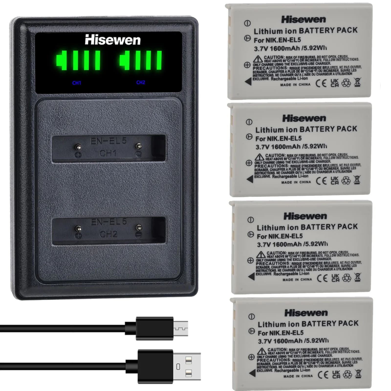 Batterie Li-ion de caméra EN EL5 ENEL5 EN-EL5 + LED USB  emplacements, chargeur pour Nikon Coolpix P90 P100 P500 P510 P520 P5000 P5100 P6000