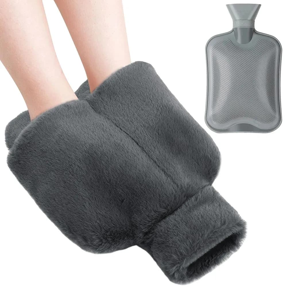Grande bouteille d'eau chaude pour pieds, sac d'eau chaude en caoutchouc avec housse en peluche douce, chauffe-pieds pour soulager la douleur, coussin