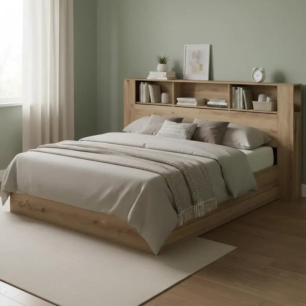 Tête de lit en chêne artisanal 220x18.5x102.5 cm, étagère murale de rangement pour chambre à coucher