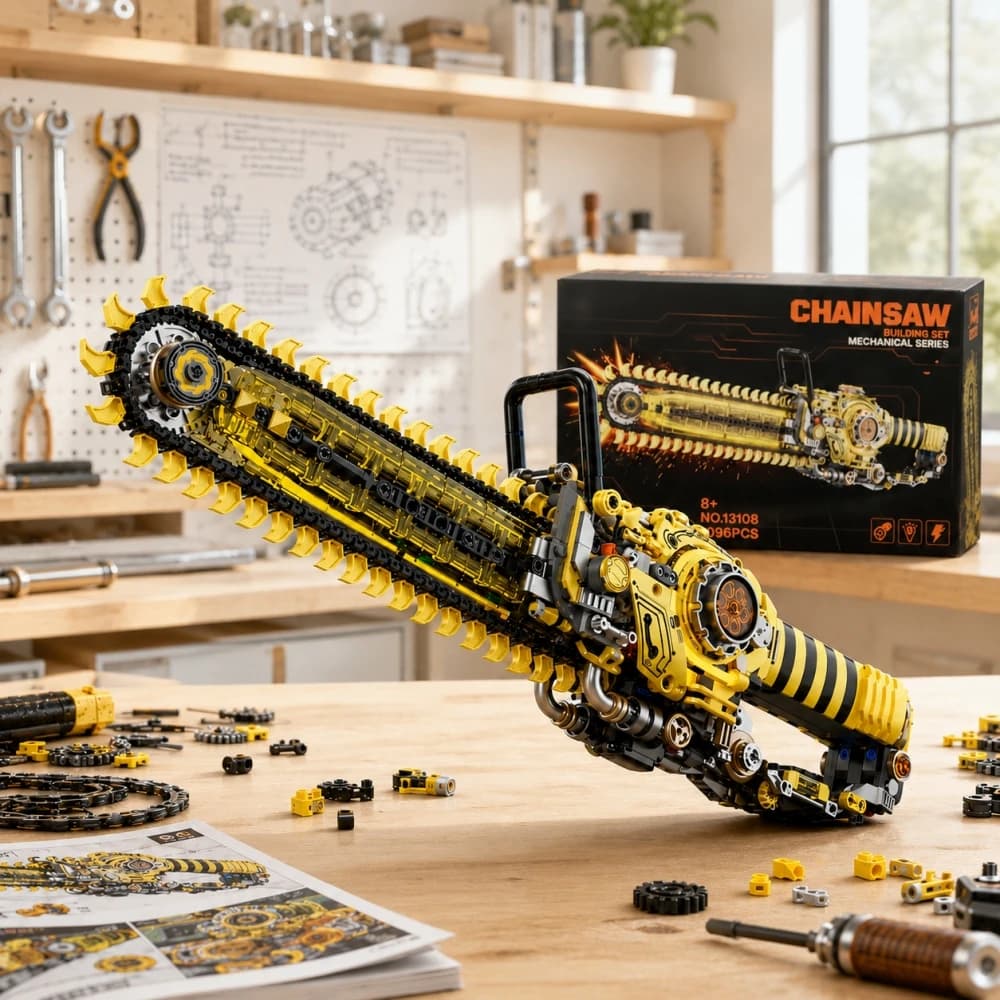 NOUVEAU Kit de construction de tronçonneuse motorisée technique, modèle MOC lumineux, jouet en plastique sûr, cadeau d'été pour la fête des