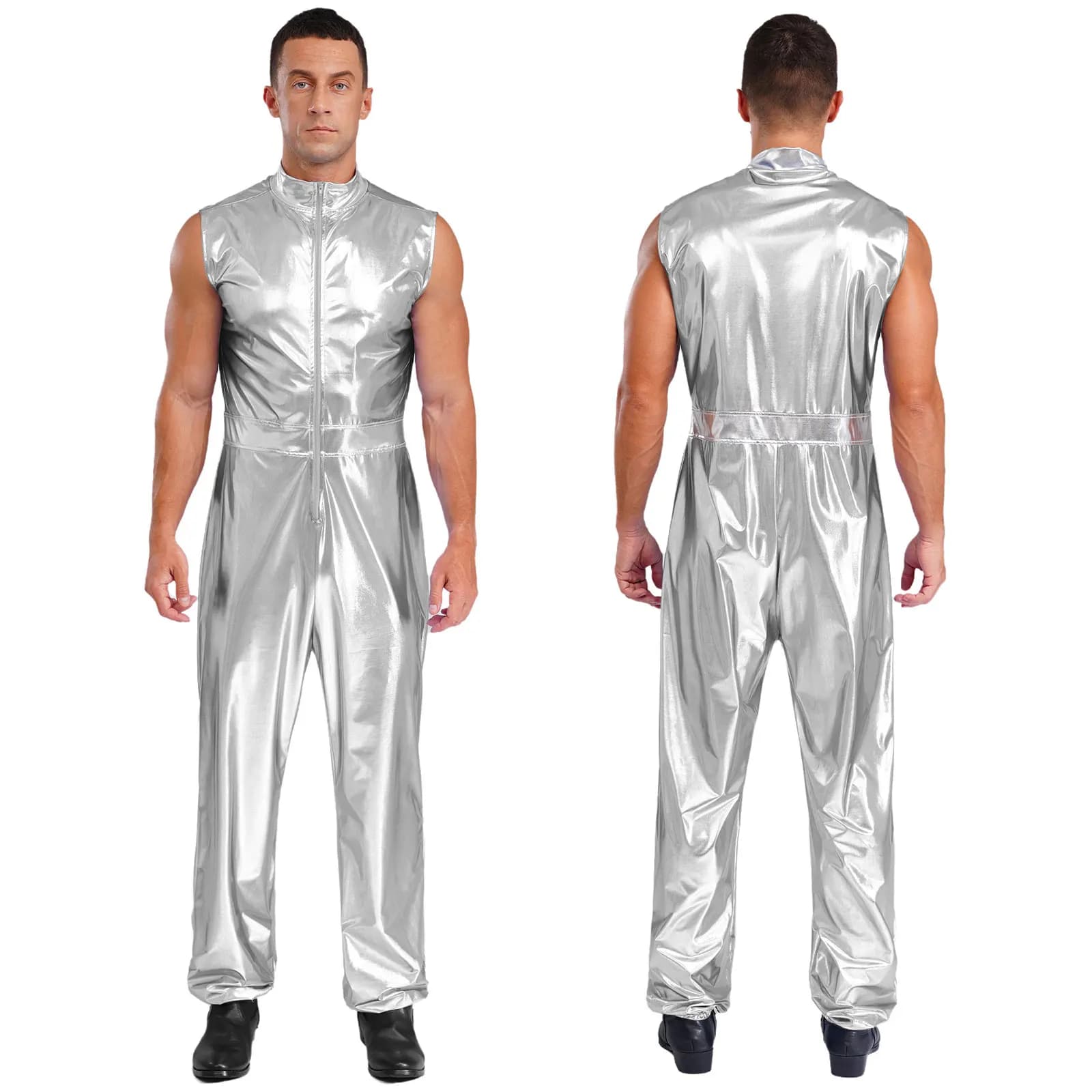 Combinaison d'astronaute Alien argenté métallique pour hommes, combinaison de Performance de Cosplay, mode sans manches, pantalon ample, barboteuse