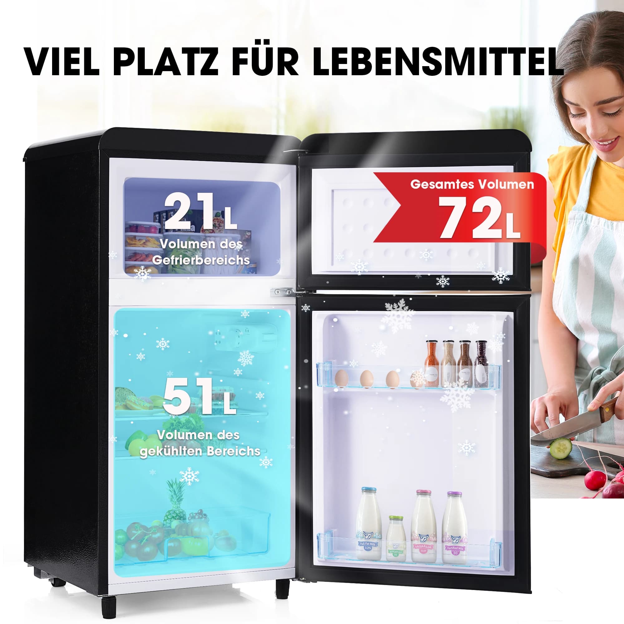 Réfrigérateur rétro total 72 litres double porte supérieure et inférieure, congélateur 21 litres volume 120 KWh/année, lumière LED, classe