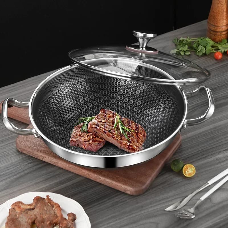 Poêle à frire en acier inoxydable 304 de 32 cm, qualité alimentaire, antiadhésive, fond alvéolé, compatible induction et gaz, wok universel