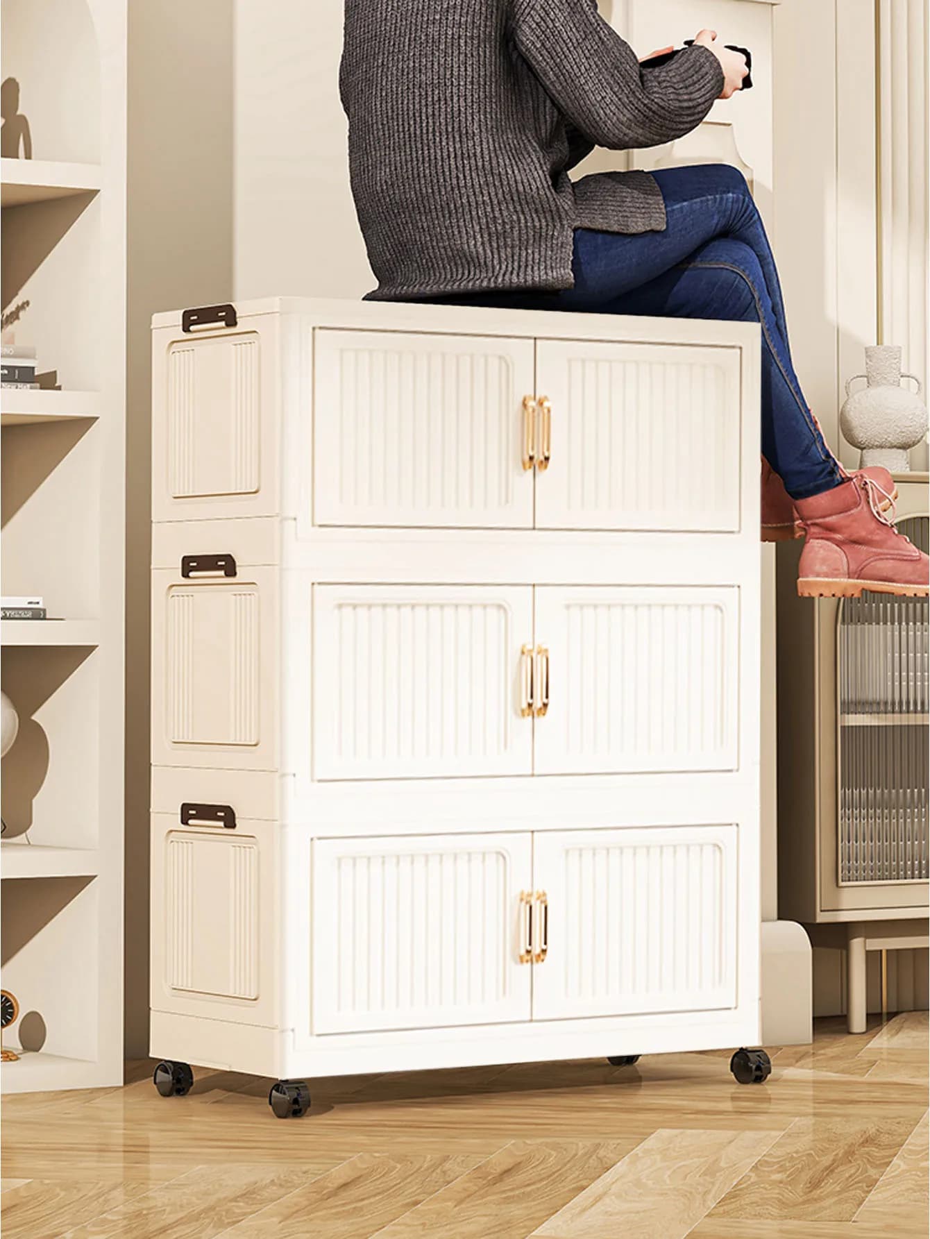 Armoire de rangement multifonctionnelle épaissie à double porte pour salon, organisateur de pièce à plusieurs niveaux pour articles divers