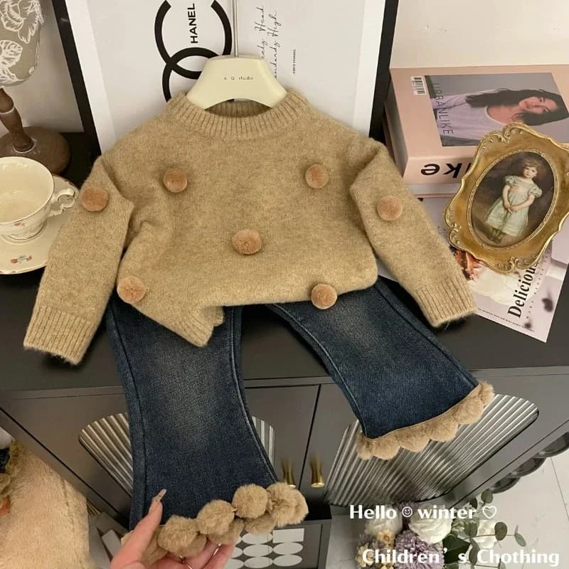 Pull pour enfants filles, nouvelle édition coréenne occidentale, tricot épais, ensemble en jean, automne et hiver 2023