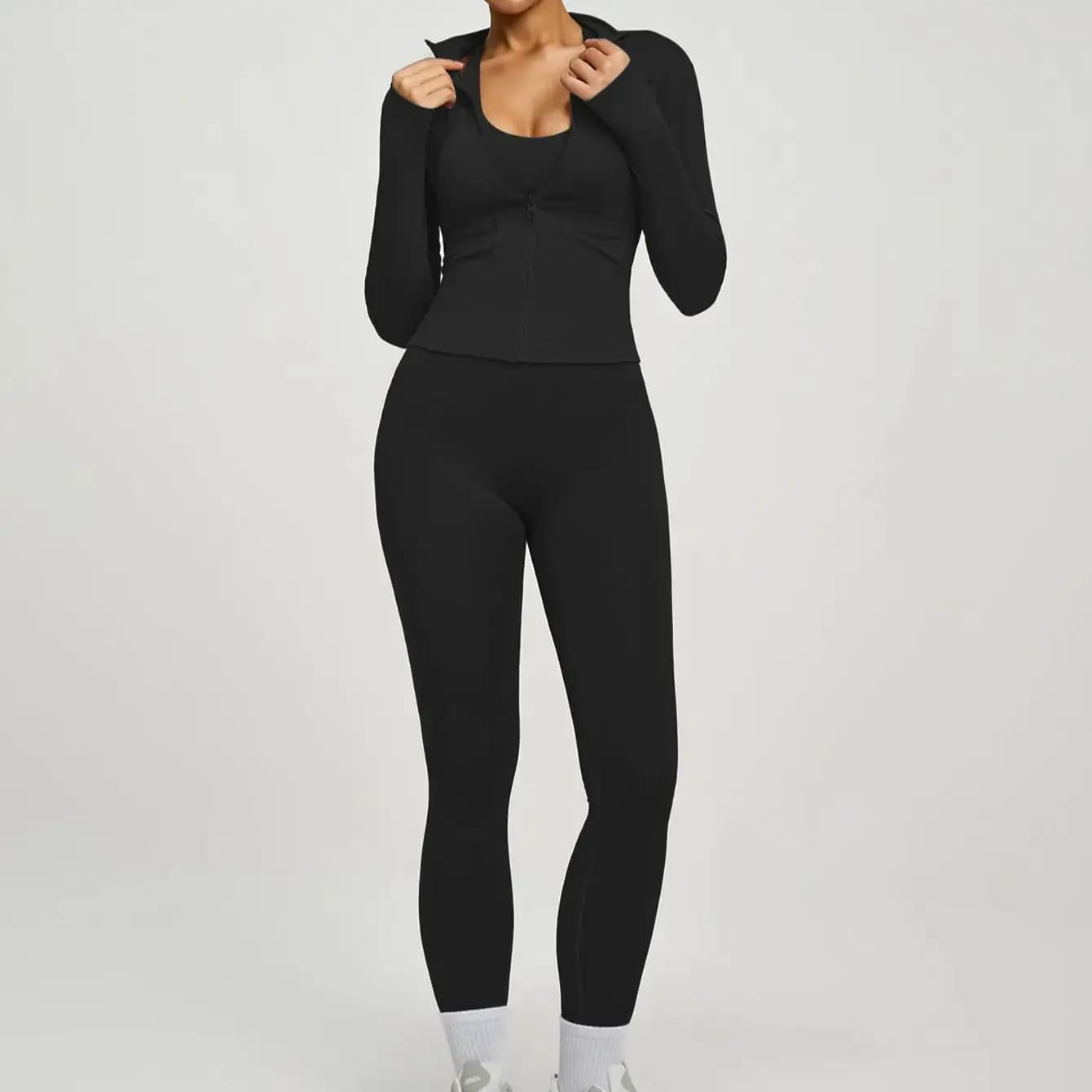 Ensemble de sport de yoga pour femmes Fitfemme, 2 pièces, legging taille haute, veste, pantalon de course, ensemble de plein air