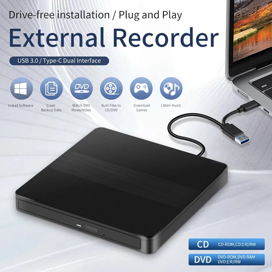 2-en-1 USB3.0 type-c mince externe DVD RW CD graveur lecteur lecteur lecteurs optiques pour ordinateur Portable graveur de DVD Portable