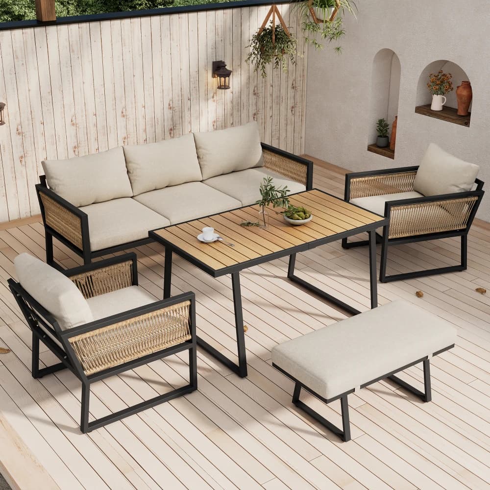 Ensemble de table de jardin PINGGD, ensemble de chaises longues de jardin, canapé 3 places, 2 fauteuils, tabouret et table à manger, plateau de