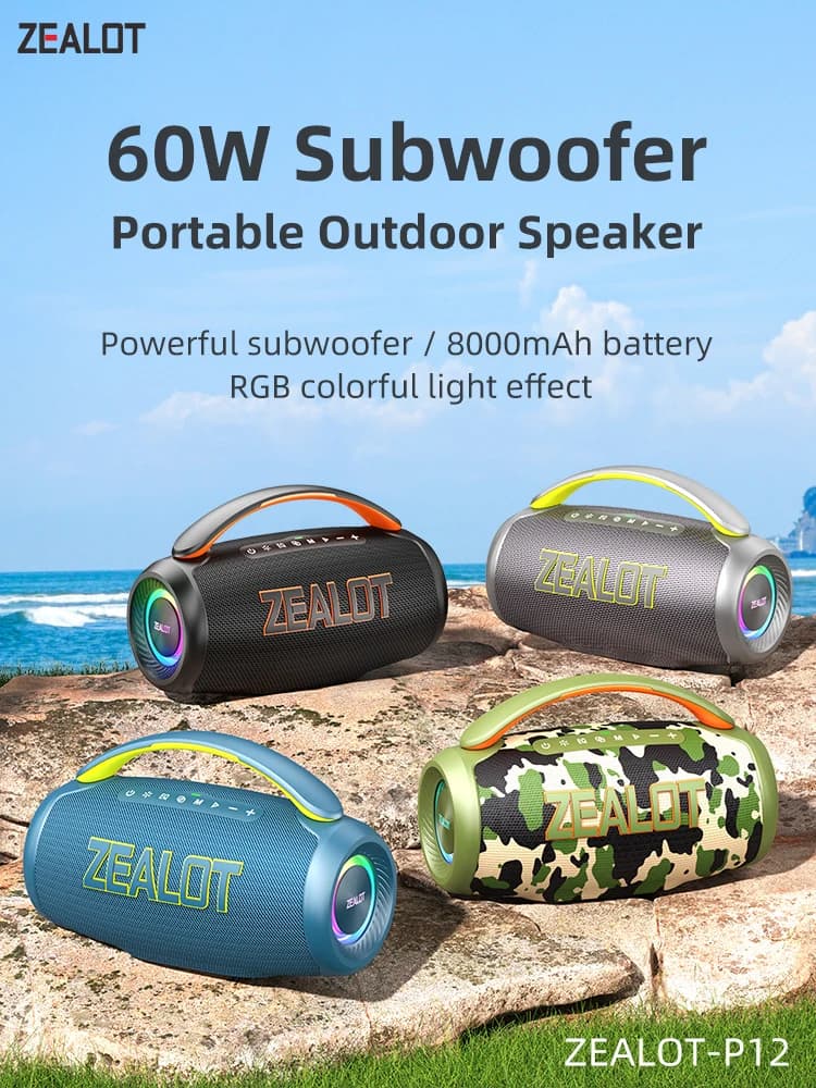 Zealot-P12 haut-parleur 60W haut-parleur Bluetooth Portable avec IPX6 étanche, poignée confortable, éclairage contrôlable, TF, USB