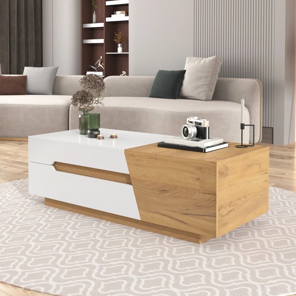 Table basse extensible multifonctionnelle moderne-table d'appoint design bloc de couleur avec tiroirs, meubles de maison pour petits espaces