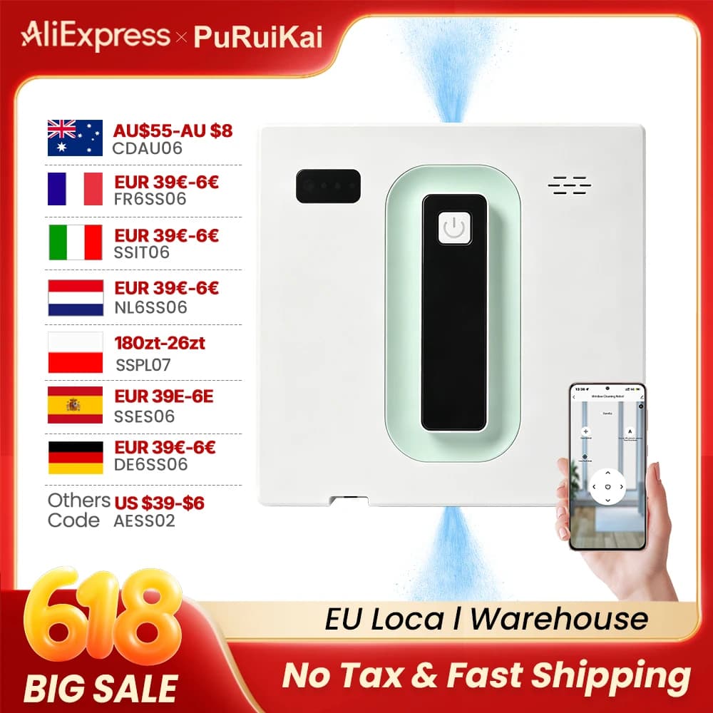 Robot de nettoyage de vitres automatique électrique PuRuiKai, avec application/télécommande, avec diffusion vocale, pulvérisation automatique