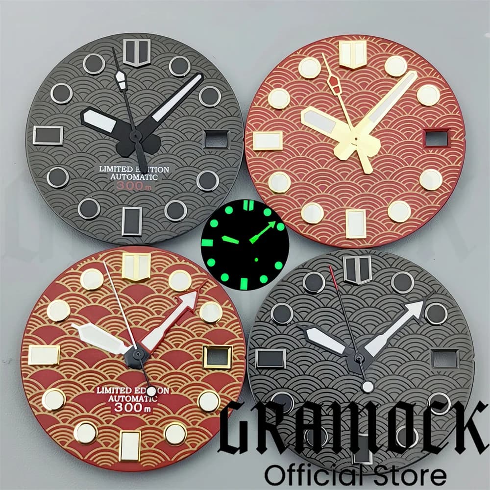 Gramock – cadran de montre en écailles de poisson noir et rouge, 28.5mm, avec aiguilles C3, Super vert lumineux pour mouvement NH35 NH36, pièces