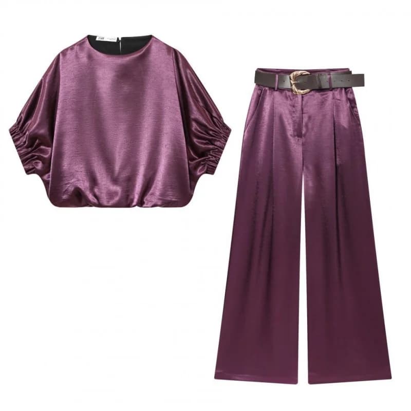 Ensemble élégant en satin violet pour femme : haut décontracté à manches chauve-souris et pantalon large taille haute avec ceinture – Idéal
