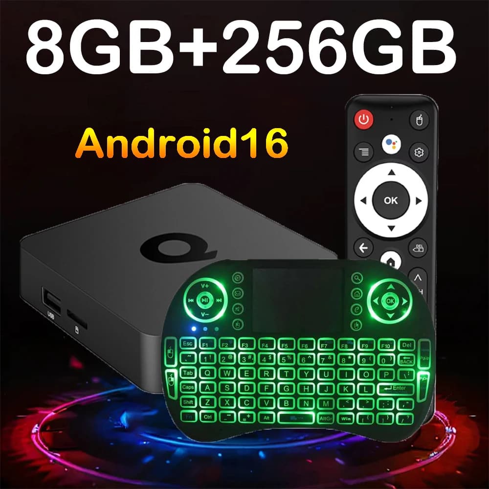 Boîtier Smart TV Q1 2026 Android 16, Boîtier TV 8K Bluetooth 6.0 Double Wi-Fi 5G, Assistant Google, 8 Go 256 Go, Télécommande Vocale, Lecteur