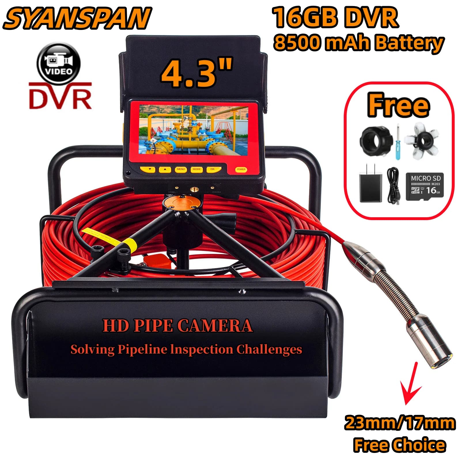 DVR 16GB carte 8500mAh capacité de la batterie HD caméra de Pipeline SYANSPAN IP68 vidange industrielle tuyau d'égout caméra d'inspection