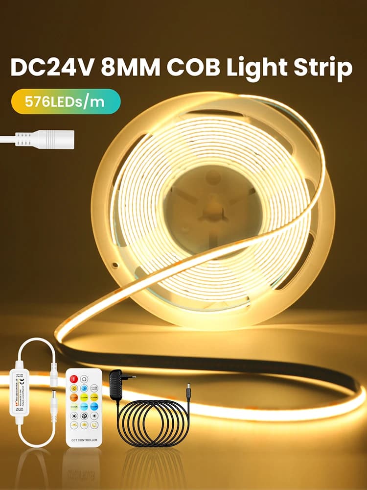 Bande LED CCT COB 24V, 576 diodes/m, ruban Flexible WW NW CW 2700-6500K, éclairage linéaire à intensité variable avec télécommande, ensemble