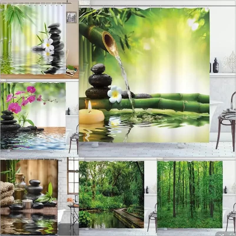 Rideau de douche Zen en bambou sans cadre, pierre de forêt naturelle verte, bougie de Spa, forêt tropicale d'été, orchidée, décor de salle de