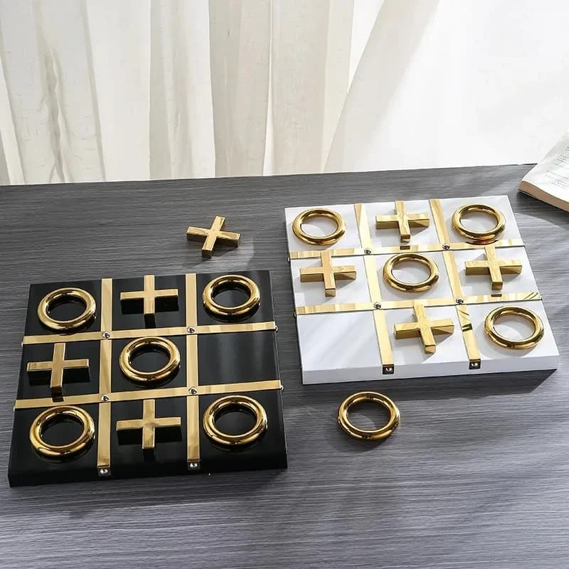 Jeu d'échecs en bois noir/blanc Tic-Tac-Toe, œuvres d'art géométriques, décoration de bureau, pièces d'échecs dorées, jeux d'échecs