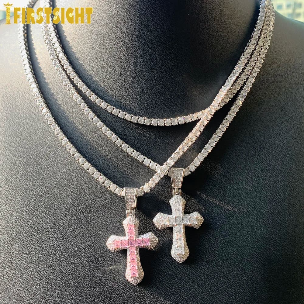 Collier avec pendentif croix scintillante glacée, couleur argent, rectangulaire, zircone cubique, bleu, rose, breloque Hip Hop, bijoux pour hommes,