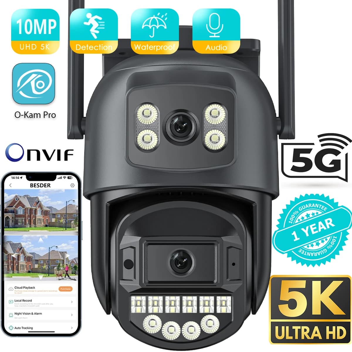 BESDER-Caméra de surveillance extérieure PTZ IP WiFi 5GHz, objectif pour touristes, détection humaine AI, caméras de sécurité, interphone CCTV,