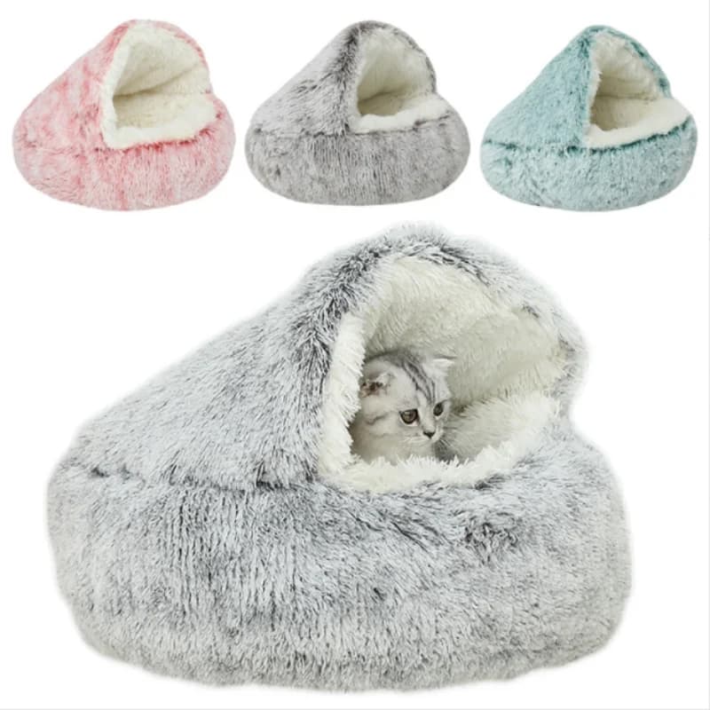 Lit rond en peluche 2 en 1 pour animal de compagnie, coussin, maison, panier chaud, sac de couchage, accent, chenil pour petit chien et chat