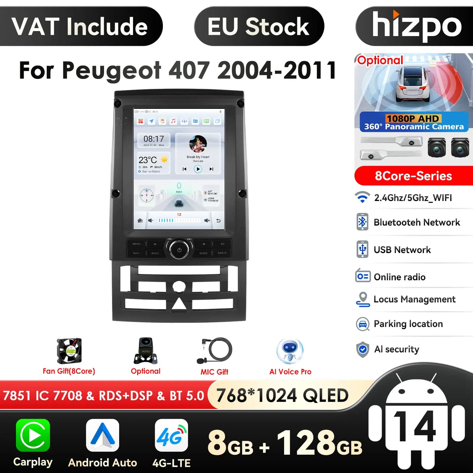Hizpo 9.7 AI sans fil CarPlay Android Auto autoradio pour Peugeot 407 SW CC 2004-2011 stéréo multimédia GPS unité principale écran WIFI