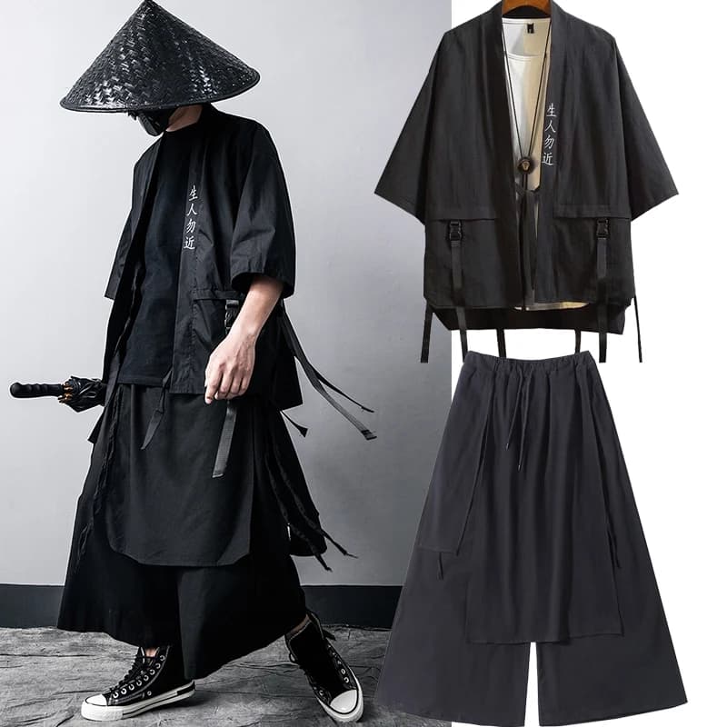 Cardigan Kimono noir traditionnel japonais, costume de Cosplay Diablo samouraï Ninja, manteau de Style Hanfu chinois, Streetwear, haut et pantalon