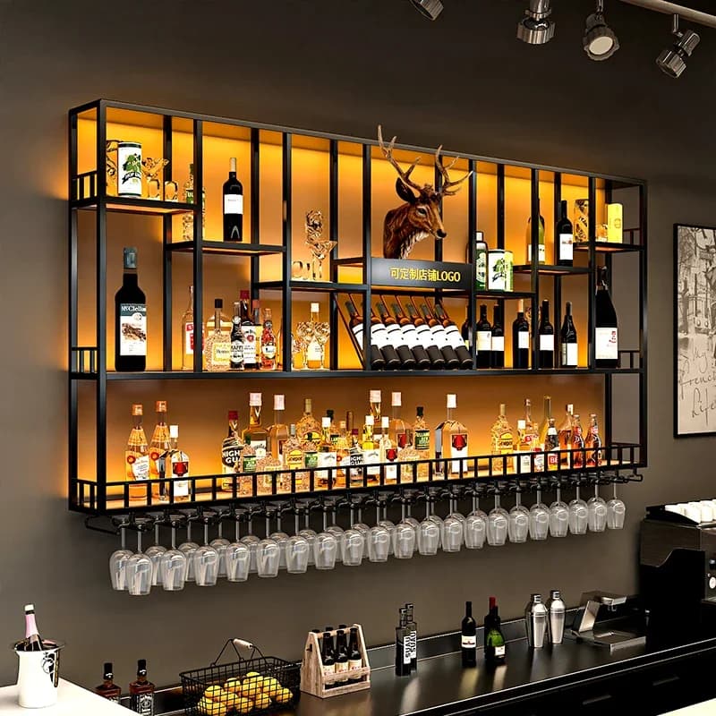 Personnalisé: armoire à vin de comptoir de bar contre le mur, étagères suspendues, bar de style industriel, présentoir en fer forgé,