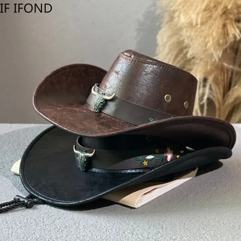 Chapeau de Cowboy occidental en Faux cuir pour hommes, décoration tête de vache à la mode, chapeaux de Jazz Vintage pour hommes, chapeau de Cowgirl