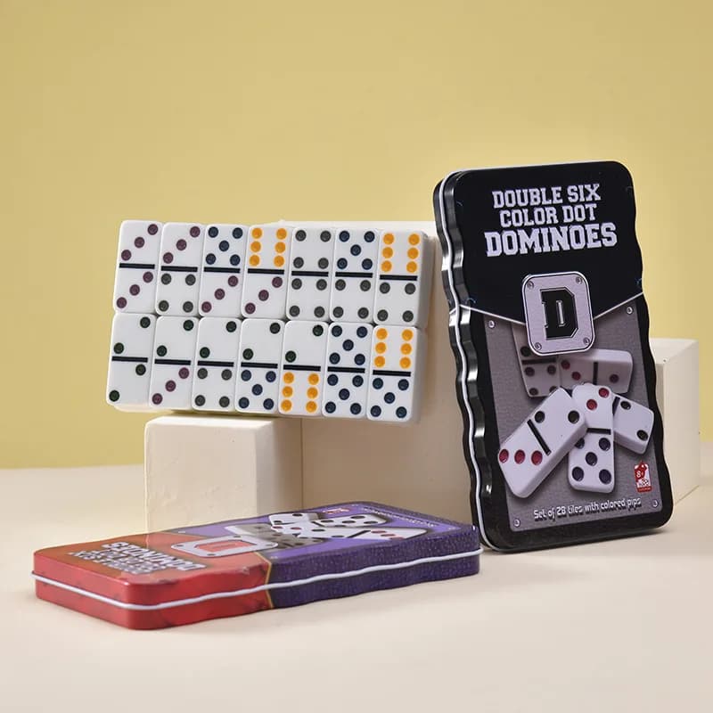 Dominos Double Six, jeu de dominos avec 28 tuiles à points colorés, boîte en métal, jeux de société classiques pour 2 à 4 joueurs