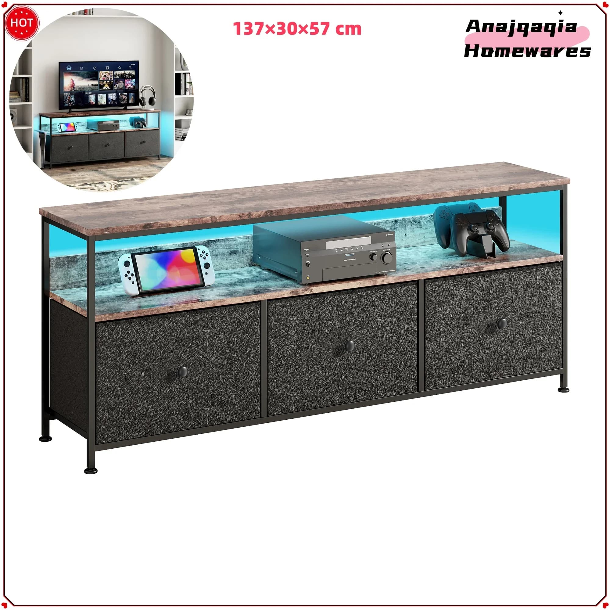 Anajqaqia Meuble TV, meuble TV LED à couleur changeante avec 3 tiroirs, table TV, avec espace de rangement ouvert pour salon, chambre à coucher