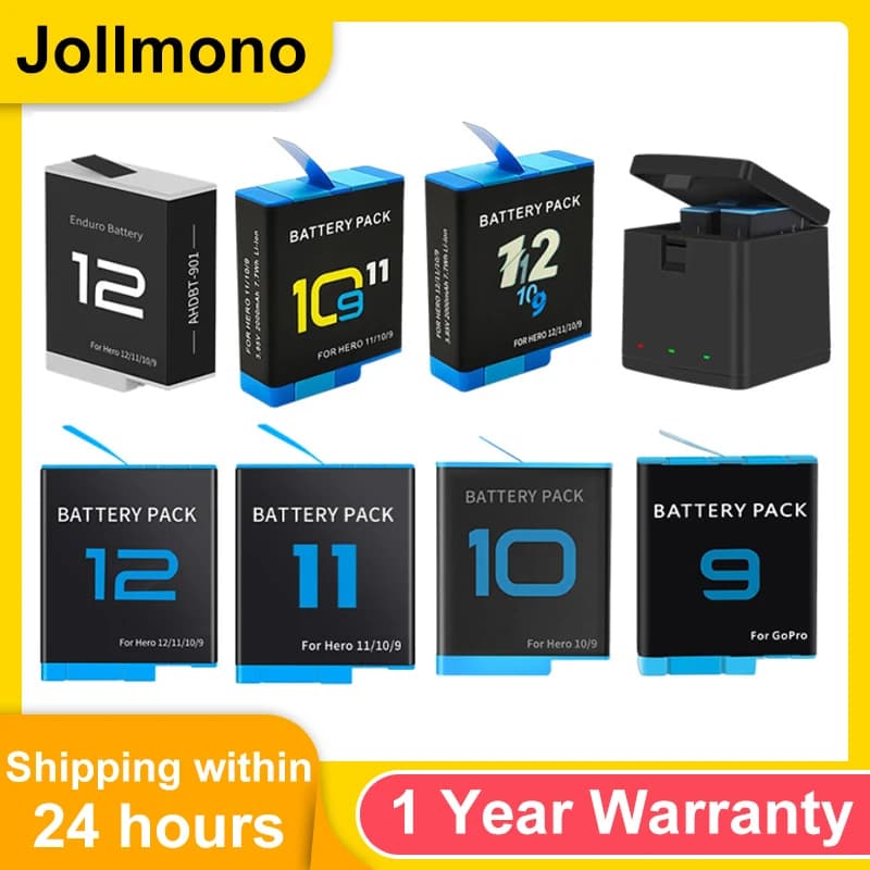 Jollmono-Batterie pour GoPro Fore12, 11, 10, 9, 2000 mAh, Boîtier de Chargeur Rapide à 3 Voies, Stockage sur Carte TF, Accessoires