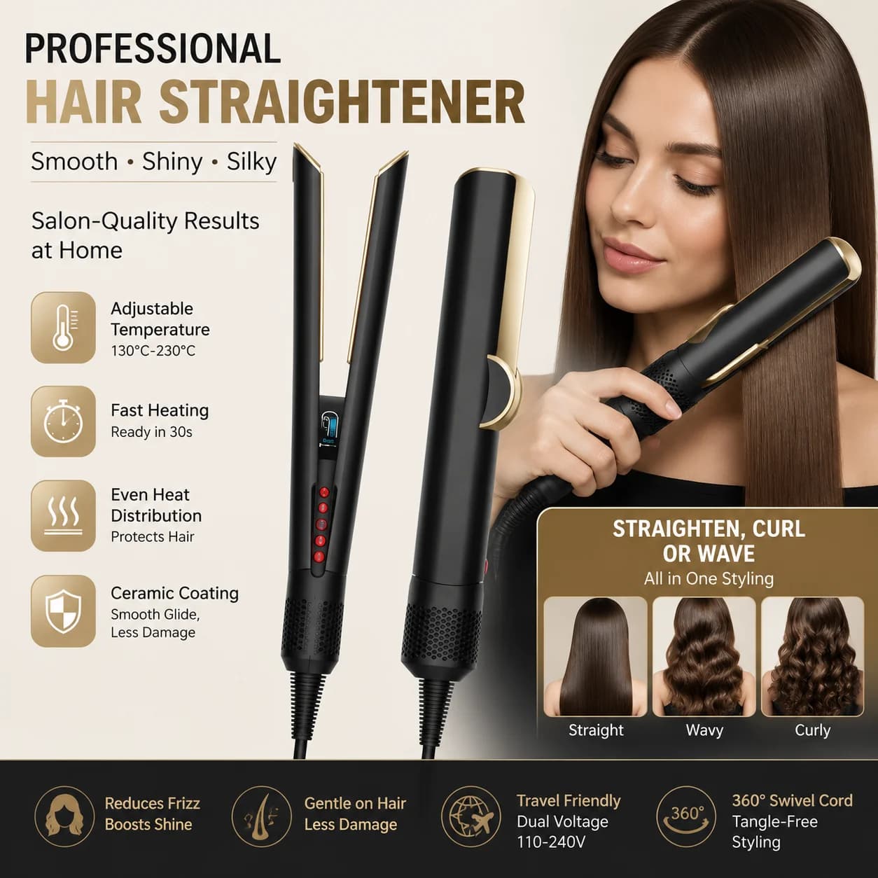 Lisseur à cheveux en céramique professionnel avec température réglable, fer à lisser à chauffe rapide pour des cheveux lisses et soyeux