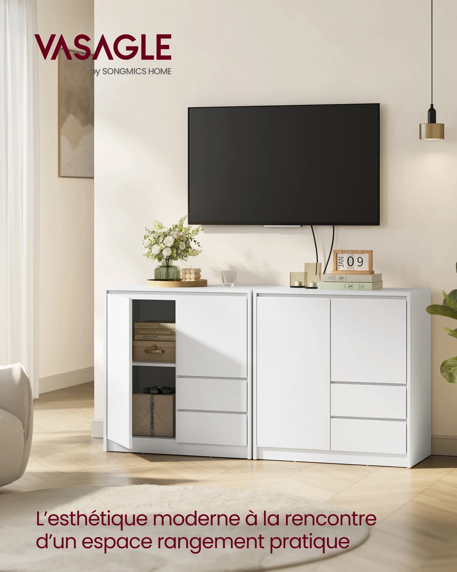 Armoire de Rangement, avec Porte et Étagère Réglable en Hauteur, 2 Tiroirs, Moderne, 40 x 70 x 74,5 cm,  Blanc Nuage