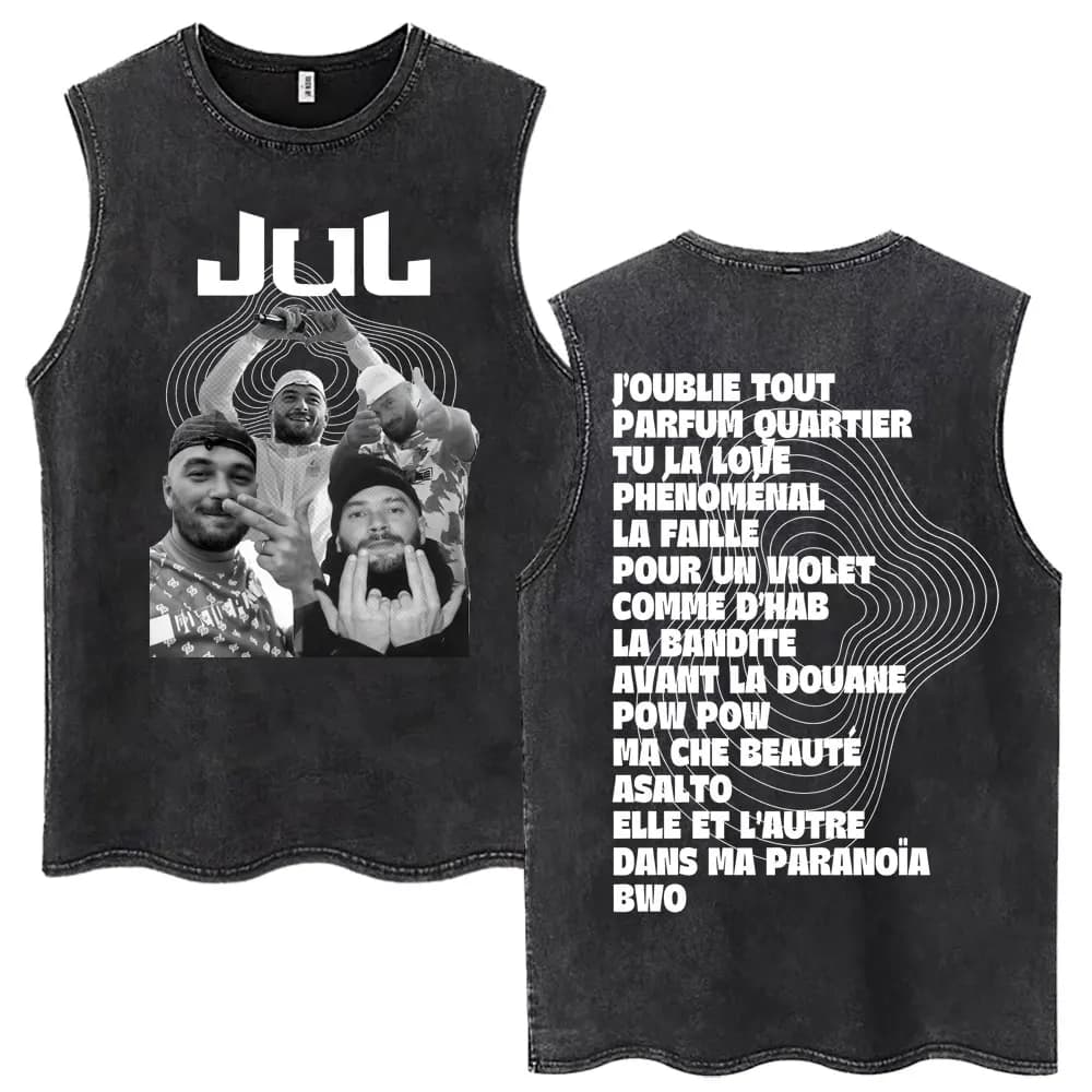 Débardeurs délavés Rapper Jul Alubm Tour pour hommes et femmes, T-shirts sans manches Hip Hop tendance, Gilets amples décontractés en coton,