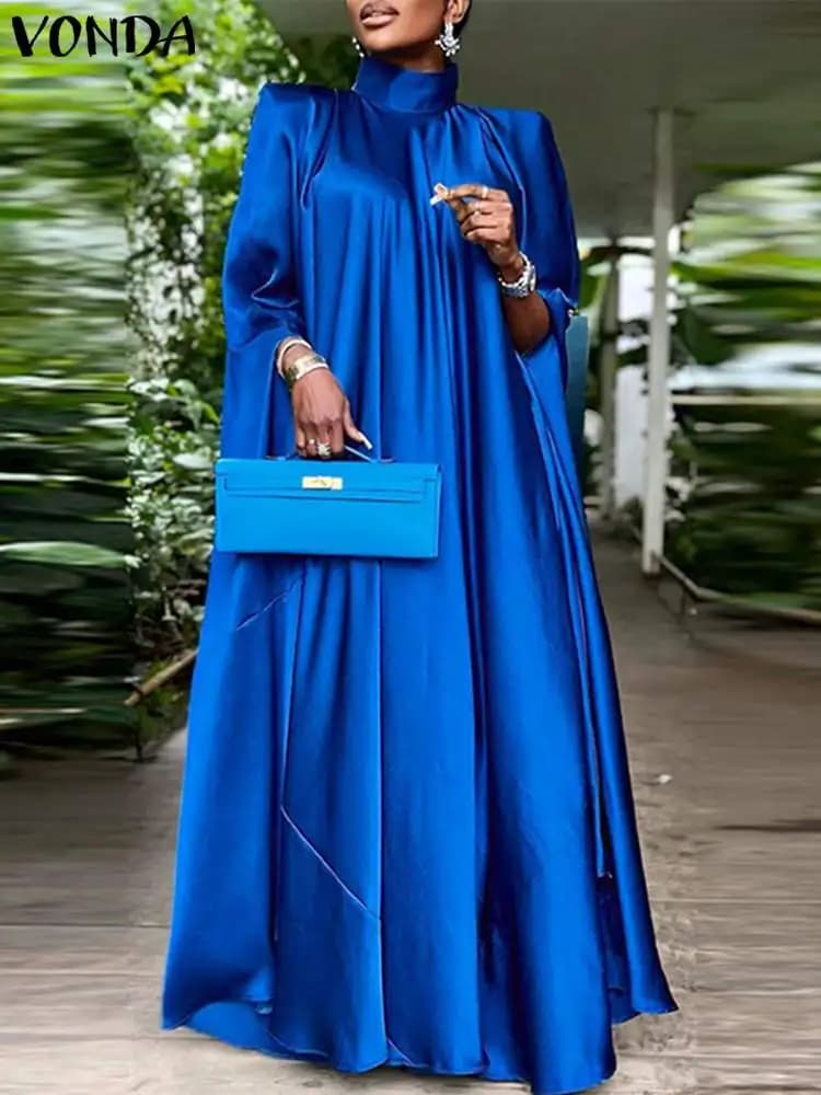 Robe de soirée élégante VONDA femmes plissé col montant à manches longues Satin fête Robe d'été automne décontracté solide Robe ample robes
