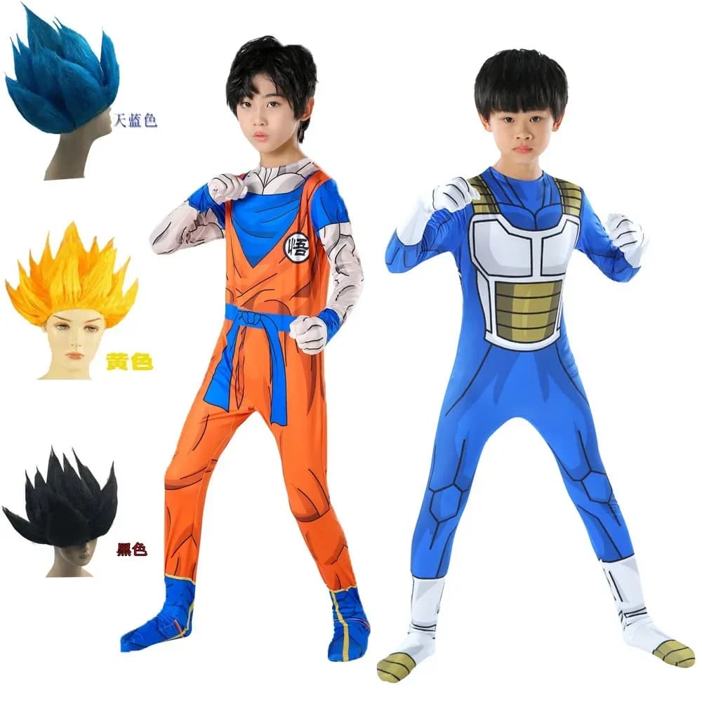 Costume de Cosplay Son Goku Majin végéta pour enfants et adultes, combinaison de super-héros Anime, cheveux noirs, Costume d'halloween