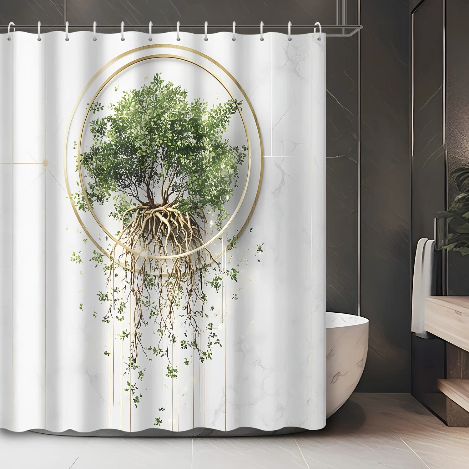 Rideau de douche arbre de vie créatif moderne-12 crochets, imperméable, décoration de maison et de salle de bain