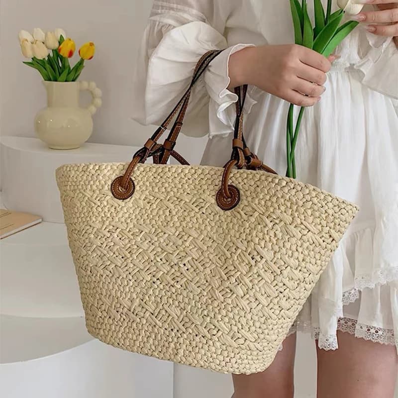 Sac fourre-tout en paille fait à la main, grande capacité, tissé, Design de marque, léger, luxe, polyvalent, vacances à la plage, sac à